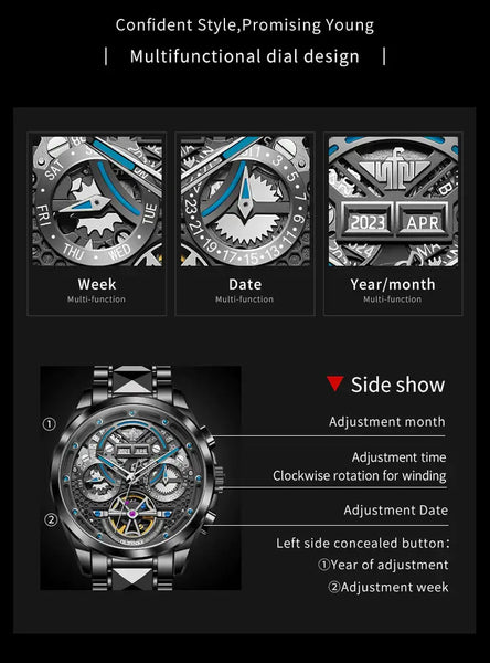 OUPINKE 3249 Men's Luxury Automatic Mechanical Complete Calendar Luminous Watch - Features