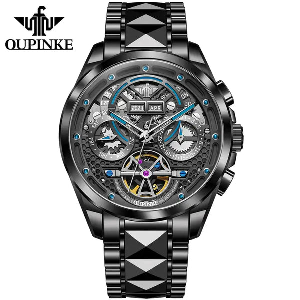 OUPINKE 3249 Men's Luxury Automatic Mechanical Complete Calendar Luminous Watch - Full Black Blue 