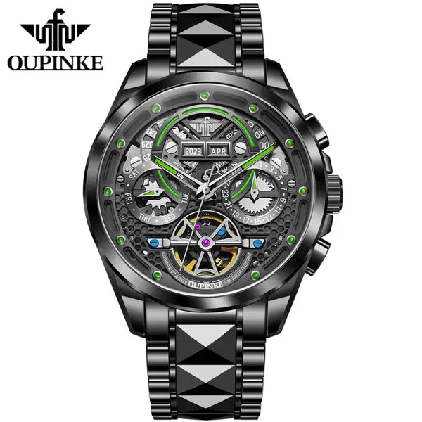 OUPINKE 3249 Men's Luxury Automatic Mechanical Complete Calendar Luminous Watch - Full Black Green