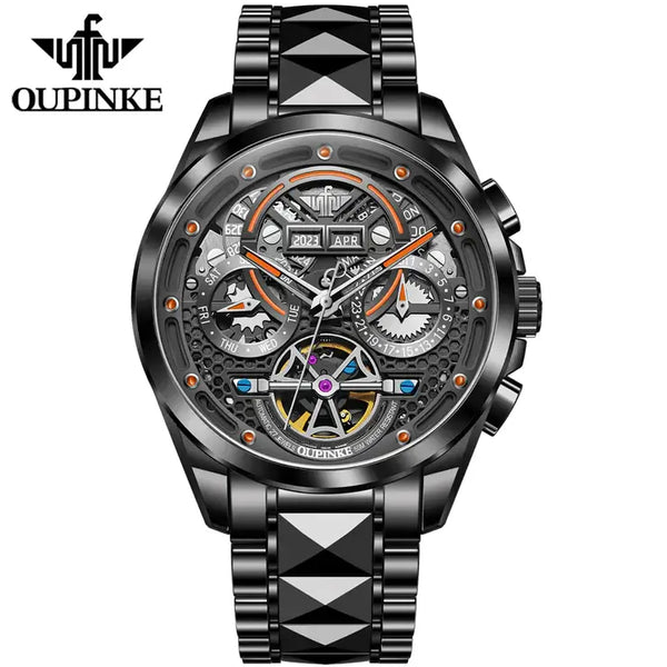 OUPINKE 3249 Men's Luxury Automatic Mechanical Complete Calendar Luminous Watch - Full Black Orange