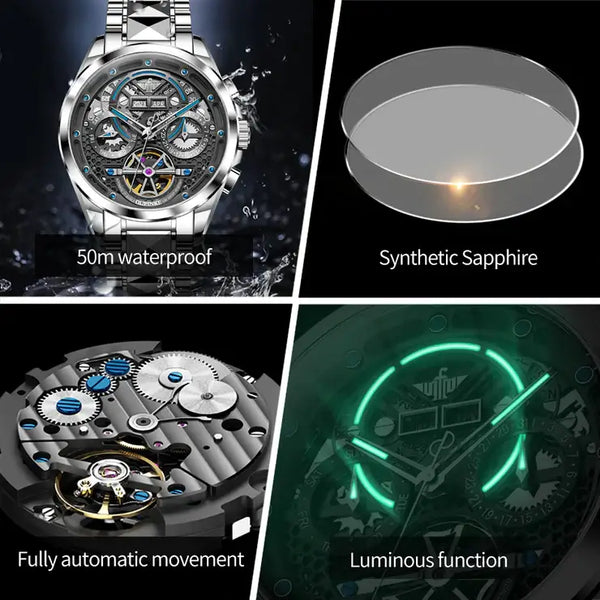 OUPINKE 3249 Men's Luxury Automatic Mechanical Complete Calendar Luminous Watch - Multiple Features