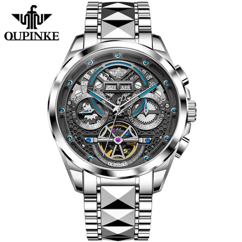 OUPINKE 3249 Men's Luxury Automatic Mechanical Complete Calendar Luminous Watch - Silver Black Blue