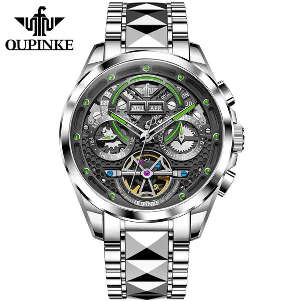OUPINKE 3249 Men's Luxury Automatic Mechanical Complete Calendar Luminous Watch - Silver Black Green