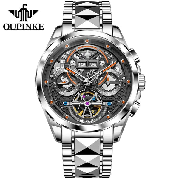 OUPINKE 3249 Men's Luxury Automatic Mechanical Complete Calendar Luminous Watch - Silver Black Orange