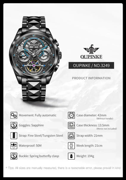 OUPINKE 3249 Men's Luxury Automatic Mechanical Complete Calendar Luminous Watch - Specifications