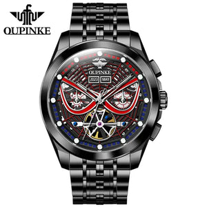 OUPINKE 3250 Men's Luxury Automatic Mechanical Spider Web Skeleton Design Luminous Watch - Black Red