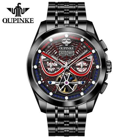 OUPINKE 3250 Men's Luxury Automatic Mechanical Spider Web Skeleton Design Luminous Watch - Black Red