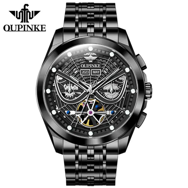 OUPINKE 3250 Men's Luxury Automatic Mechanical Spider Web Skeleton Design Luminous Watch - Black White