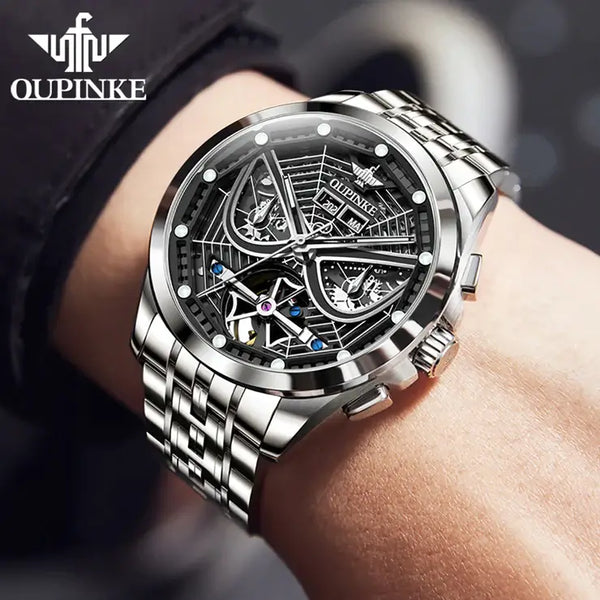 OUPINKE 3250 Men's Luxury Automatic Mechanical Spider Web Skeleton Design Luminous Watch - Model Picture Silver Black White