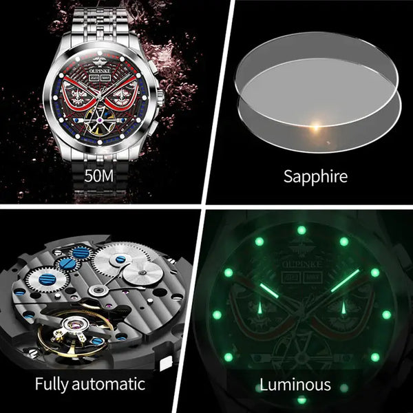 OUPINKE 3250 Men's Luxury Automatic Mechanical Spider Web Skeleton Design Luminous Watch - Multiple Features