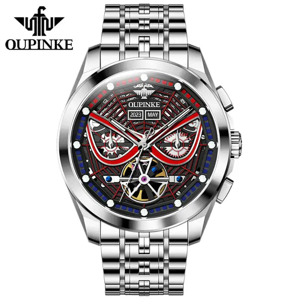 OUPINKE 3250 Men's Luxury Automatic Mechanical Spider Web Skeleton Design Luminous Watch - Silver Black Red