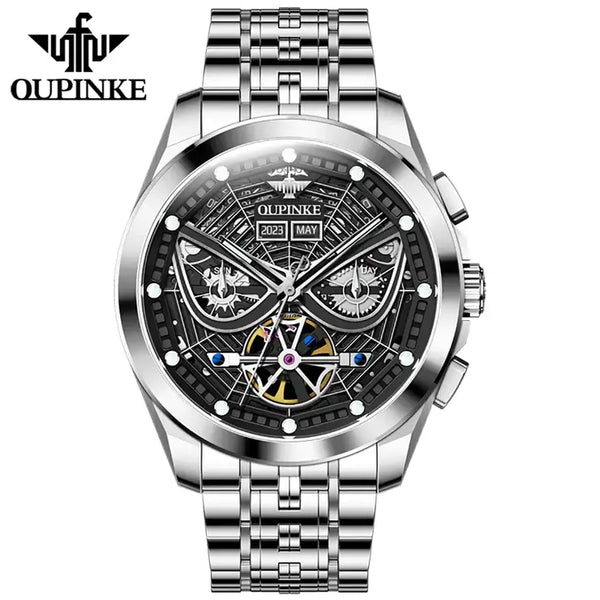 OUPINKE 3250 Men's Luxury Automatic Mechanical Spider Web Skeleton Design Luminous Watch - Silver Black White