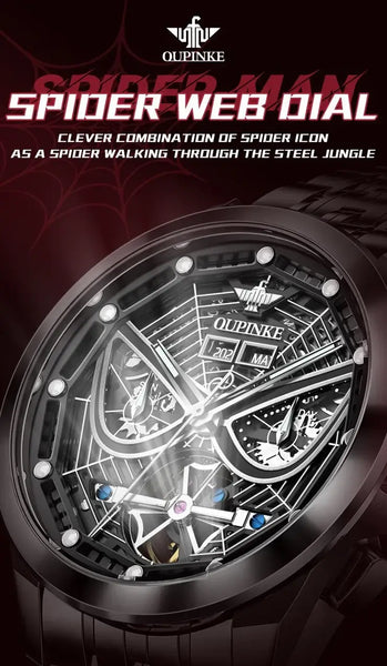 OUPINKE 3250 Men's Luxury Automatic Mechanical Spider Web Skeleton Design Luminous Watch - Spider Web Design