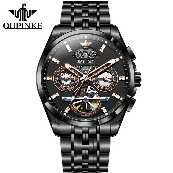 OUPINKE 3251 Men's Luxury Automatic Mechanical Complete Calendar Luminous Watch - Full Black