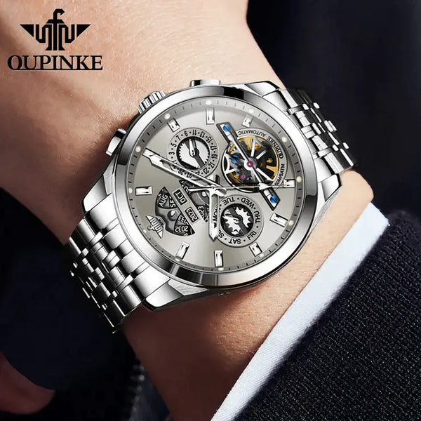 OUPINKE 3251 Men's Luxury Automatic Mechanical Complete Calendar Luminous Watch - Model Picture Silver Gray