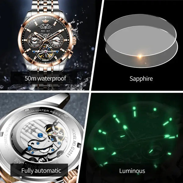 OUPINKE 3251 Men's Luxury Automatic Mechanical Complete Calendar Luminous Watch - Multiple Features