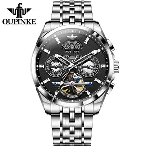 OUPINKE 3251 Men's Luxury Automatic Mechanical Complete Calendar Luminous Watch - Silver Black Face