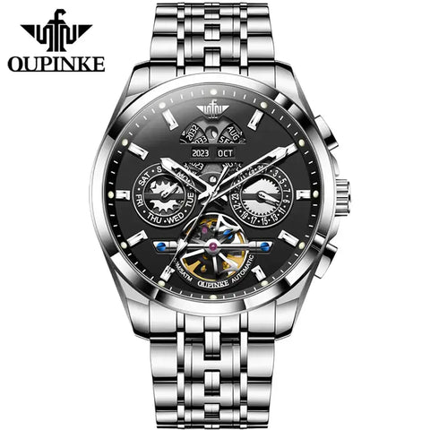 OUPINKE 3251 Men's Luxury Automatic Mechanical Complete Calendar Luminous Watch - Silver Black Face