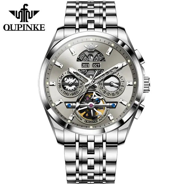 OUPINKE 3251 Men's Luxury Automatic Mechanical Complete Calendar Luminous Watch - Silver Gray Face