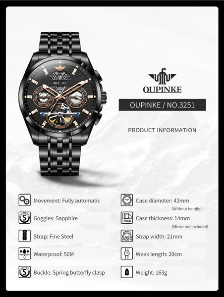 OUPINKE 3251 Men's Luxury Automatic Mechanical Complete Calendar Luminous Watch - Specifications