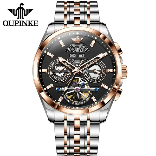 OUPINKE 3251 Men's Luxury Automatic Mechanical Complete Calendar Luminous Watch - Two Tone Black Face