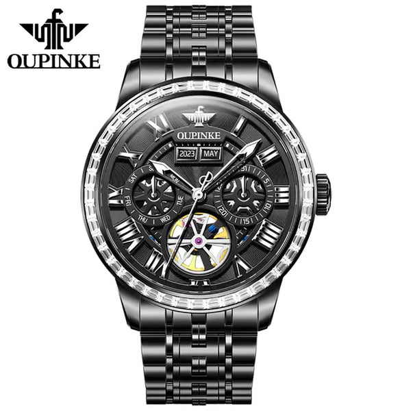 OUPINKE 3252 Men's Luxury Automatic Mechanical Complete Calendar Luminous Watch - Full Black
