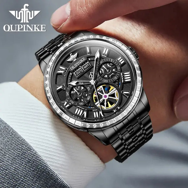 OUPINKE 3252 Men's Luxury Automatic Mechanical Complete Calendar Luminous Watch - Model Picture Full Black