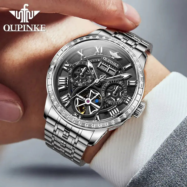 OUPINKE 3252 Men's Luxury Automatic Mechanical Complete Calendar Luminous Watch - Model Picture Silver Black