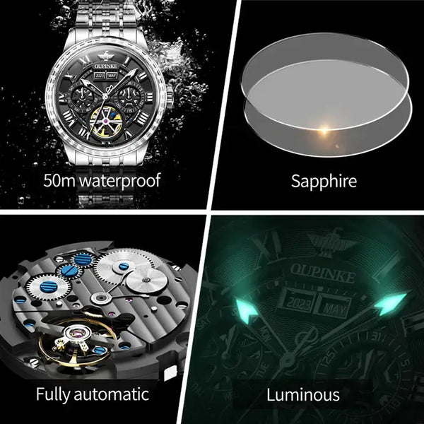 OUPINKE 3252 Men's Luxury Automatic Mechanical Complete Calendar Luminous Watch - Multiple Features