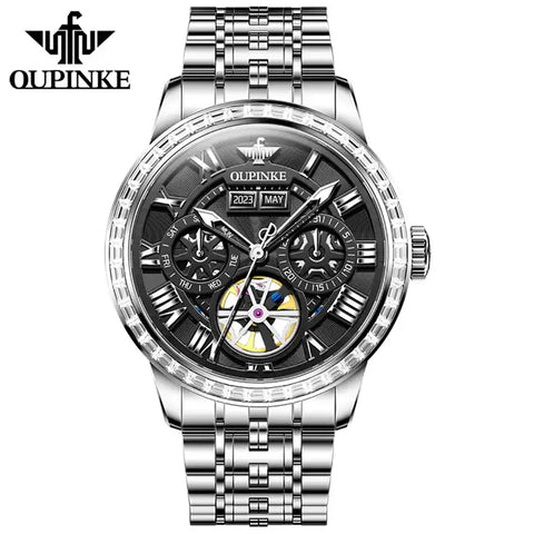 OUPINKE 3252 Men's Luxury Automatic Mechanical Complete Calendar Luminous Watch - Silver Black Face
