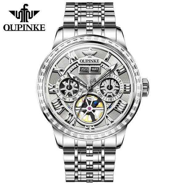 OUPINKE 3252 Men's Luxury Automatic Mechanical Complete Calendar Luminous Watch - Silver Gray Face