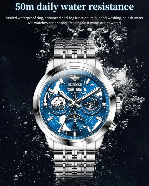 OUPINKE 3256 Men's Luxury Automatic Mechanical Complete Calendar Luminous Moon Phase Watch - 5ATM Waterproof