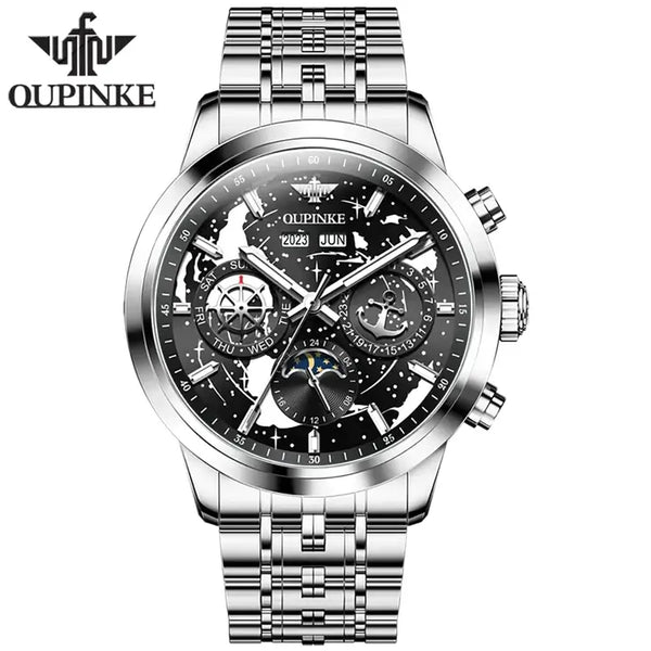 OUPINKE 3256 Men's Luxury Automatic Mechanical Complete Calendar Luminous Moon Phase Watch - Silver Black Face