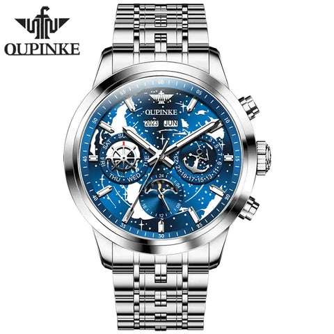OUPINKE 3256 Men's Luxury Automatic Mechanical Complete Calendar Luminous Moon Phase Watch - Silver Blue Face