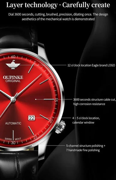 OUPINKE 3269 Men's Luxury Automatic Mechanical Swiss Movement Leather Strap Luminous Watch - Features