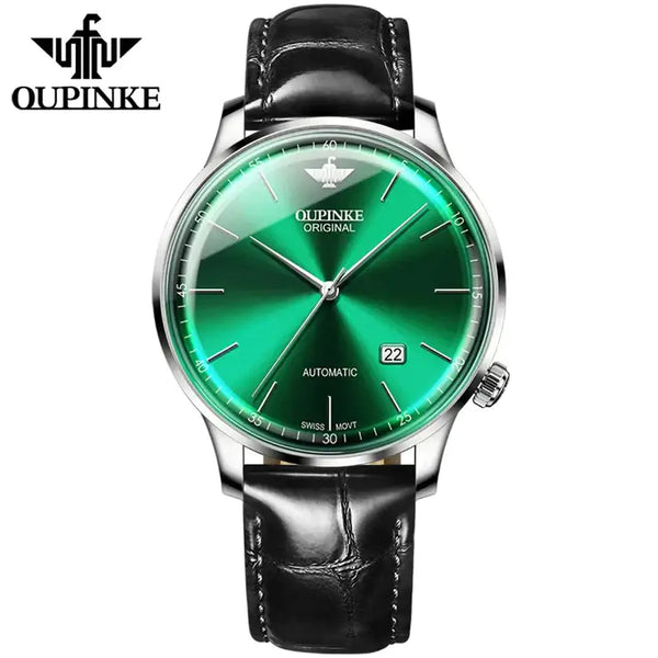 OUPINKE 3269 Men's Luxury Automatic Mechanical Swiss Movement Leather Strap Luminous Watch - Silver Green Face Black Leather Strap