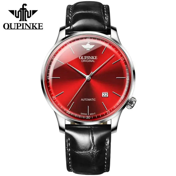 OUPINKE 3269 Men's Luxury Automatic Mechanical Swiss Movement Leather Strap Luminous Watch - Silver Red Face Black Leather Strap