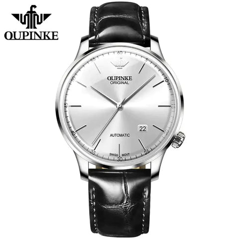 OUPINKE 3269 Men's Luxury Automatic Mechanical Swiss Movement Leather Strap Luminous Watch - Silver White Face Black Leather Strap