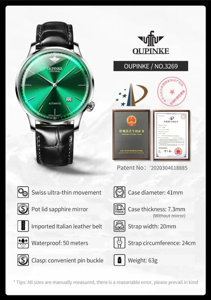 OUPINKE 3269 Men's Luxury Automatic Mechanical Swiss Movement Leather Strap Luminous Watch - Specifications