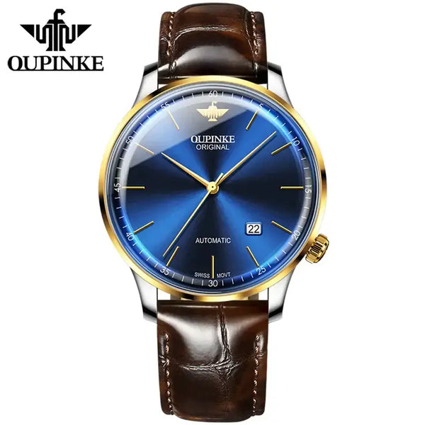 OUPINKE 3269 Men's Luxury Automatic Mechanical Swiss Movement Leather Strap Luminous Watch - Two Tone Blue Face Brown Leather Strap