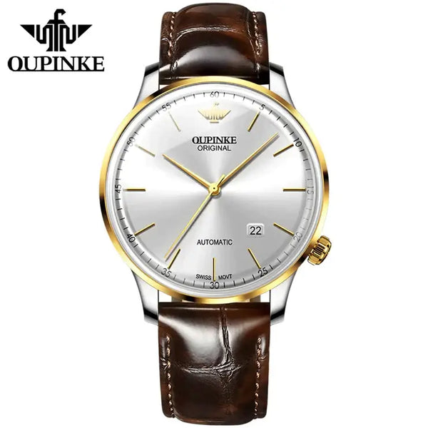 OUPINKE 3269 Men's Luxury Automatic Mechanical Swiss Movement Leather Strap Luminous Watch - Two Tone White Face Brown Leather Strap