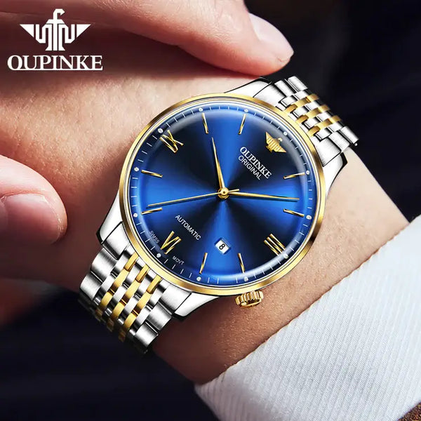 OUPINKE 3269 Men's Luxury Automatic Mechanical Swiss Movement Luminous Watch - Model Picture Two Tone Blue Face