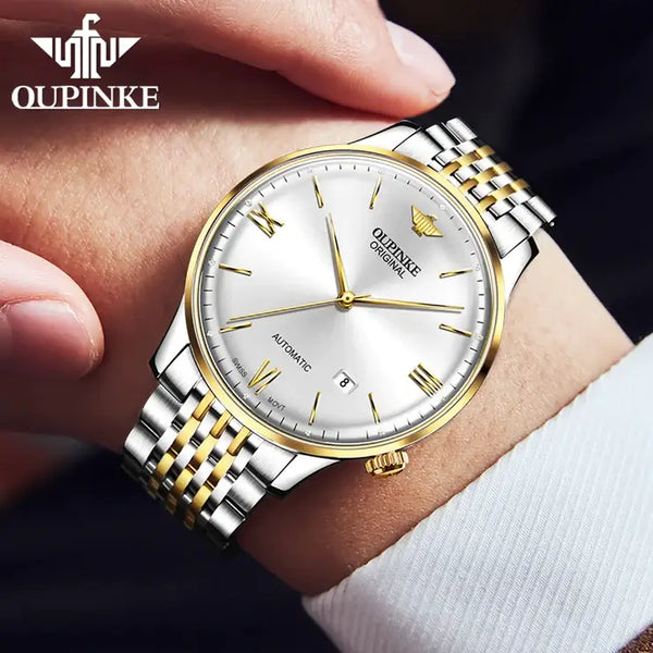 OUPINKE 3269 Men's Luxury Automatic Mechanical Swiss Movement Luminous Watch - Model Picture Two Tone White Face