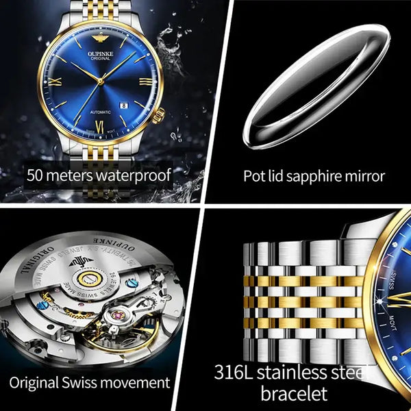 OUPINKE 3269 Men's Luxury Automatic Mechanical Swiss Movement Luminous Watch - Multiple Features
