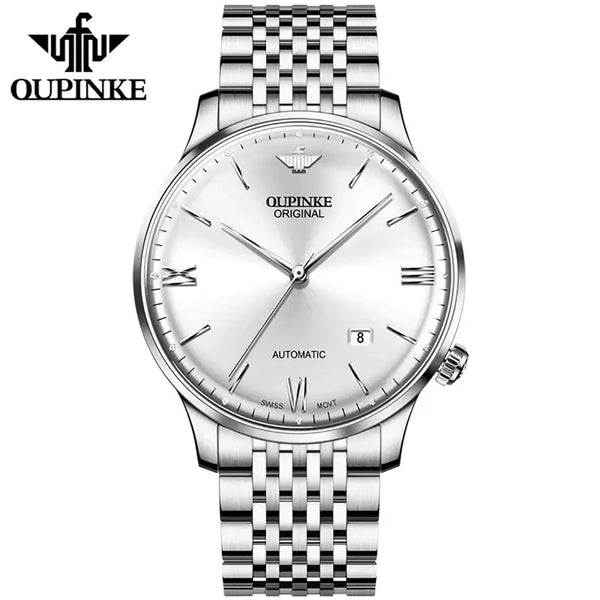 OUPINKE 3269 Men's Luxury Automatic Mechanical Swiss Movement Luminous Watch - Silver White Face