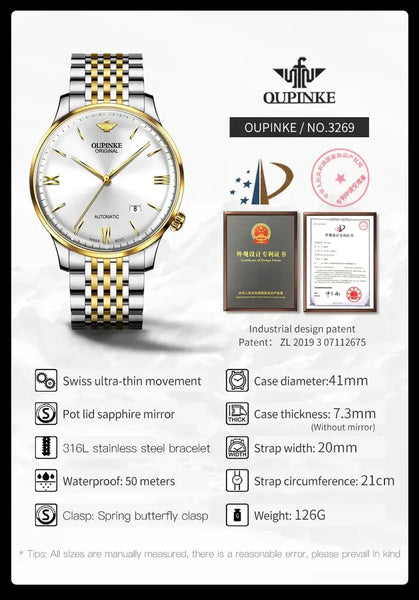 OUPINKE 3269 Men's Luxury Automatic Mechanical Swiss Movement Luminous Watch - Specifications