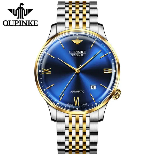 OUPINKE 3269 Men's Luxury Automatic Mechanical Swiss Movement Luminous Watch - Two Tone Blue Face