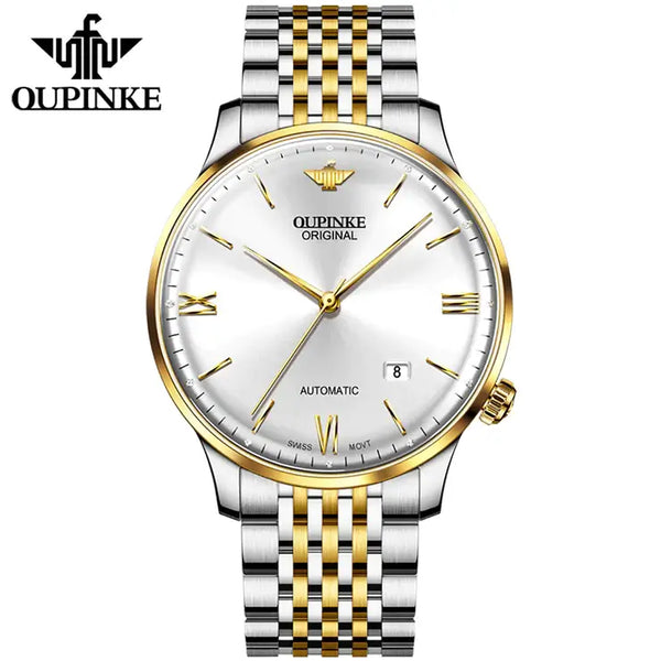 OUPINKE 3269 Men's Luxury Automatic Mechanical Swiss Movement Luminous Watch - Two Tone White Face