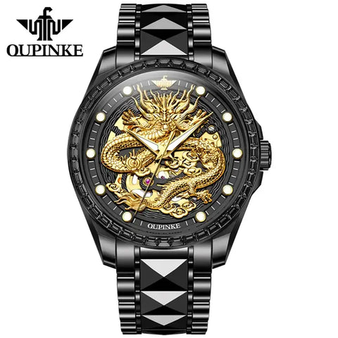 OUPINKE 3276 Men's Luxury Automatic Mechanical Dragon Design Luminous Watch - Black Gold Dragon