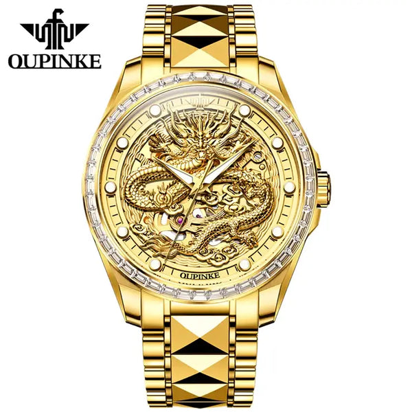 OUPINKE 3276 Men's Luxury Automatic Mechanical Dragon Design Luminous Watch - Full Gold